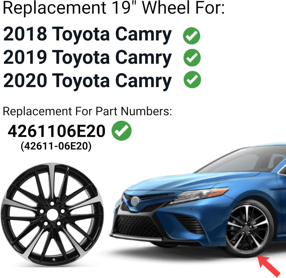 Replacement 19 Inch Wheel For Toyota Camry OE Style Aluminum Alloy Rim for 2018 2019 2020 Models | 19x8" | Black w/ Silver - Factory Rim Replacement for 4261106E20 (42611-06E20)