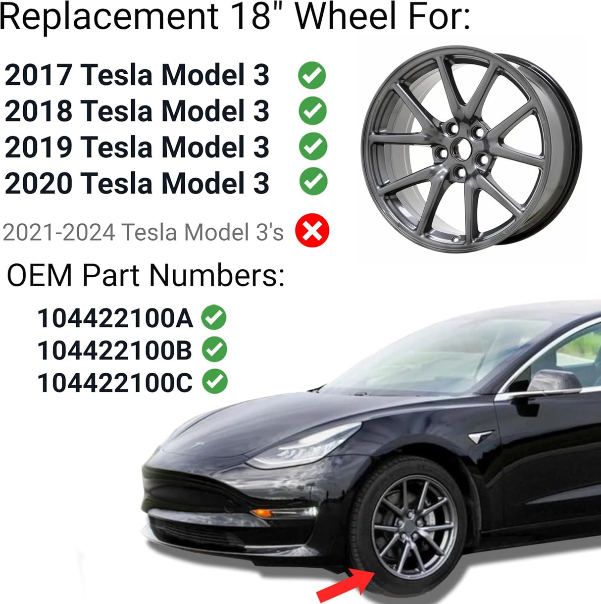 New Replacement 18-Inch Rim For Tesla Model 3 (2017–2020) – OE Style Aluminum Alloy Wheel | 18x8.5" | Direct Fit Factory Match for Tesla Part #104422100A 104422100B 104422100C