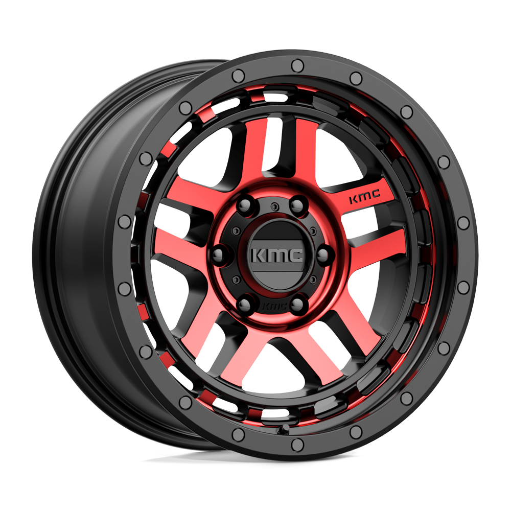 18X8.5 KMC KM540 RECON GLOSS BLACK MACH W/ RED TINT 6X139.7