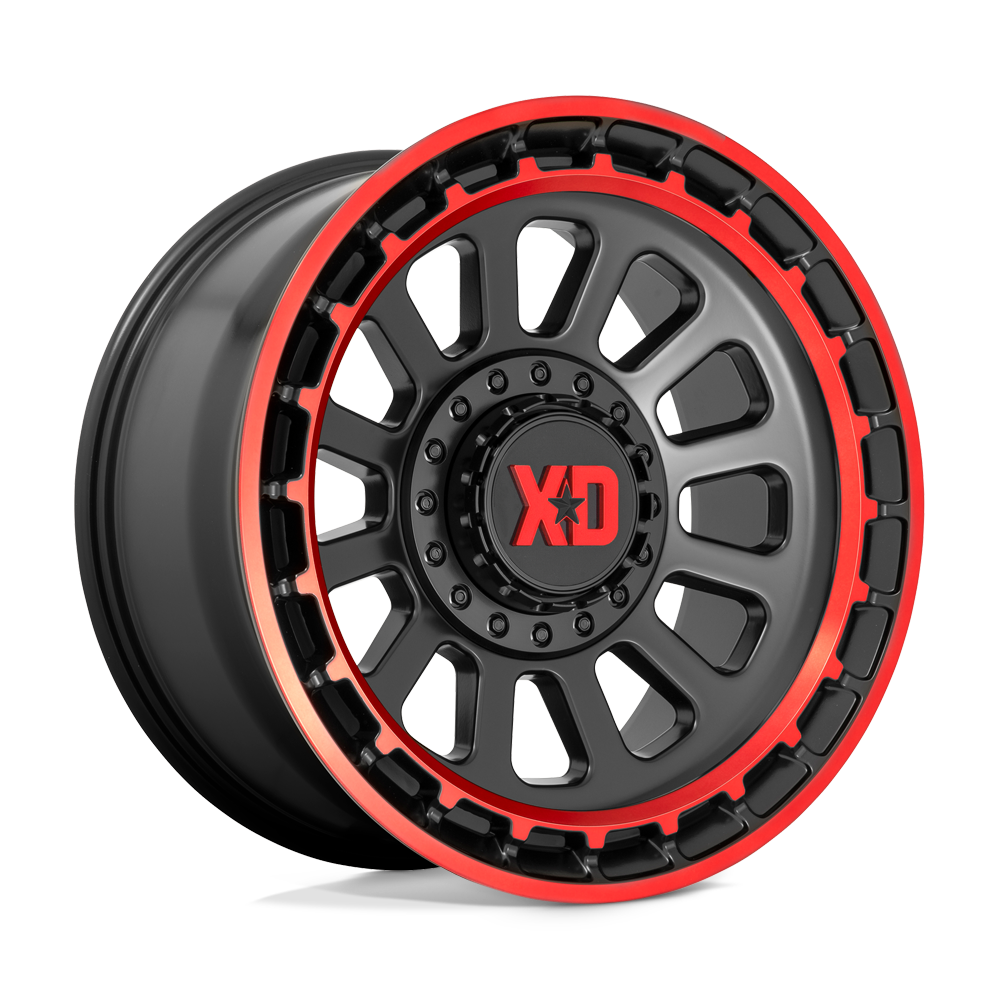 20X10 XD XD856 OMEGA SATIN BLACK MACH LIP RED TINT 5X127/5X139.7