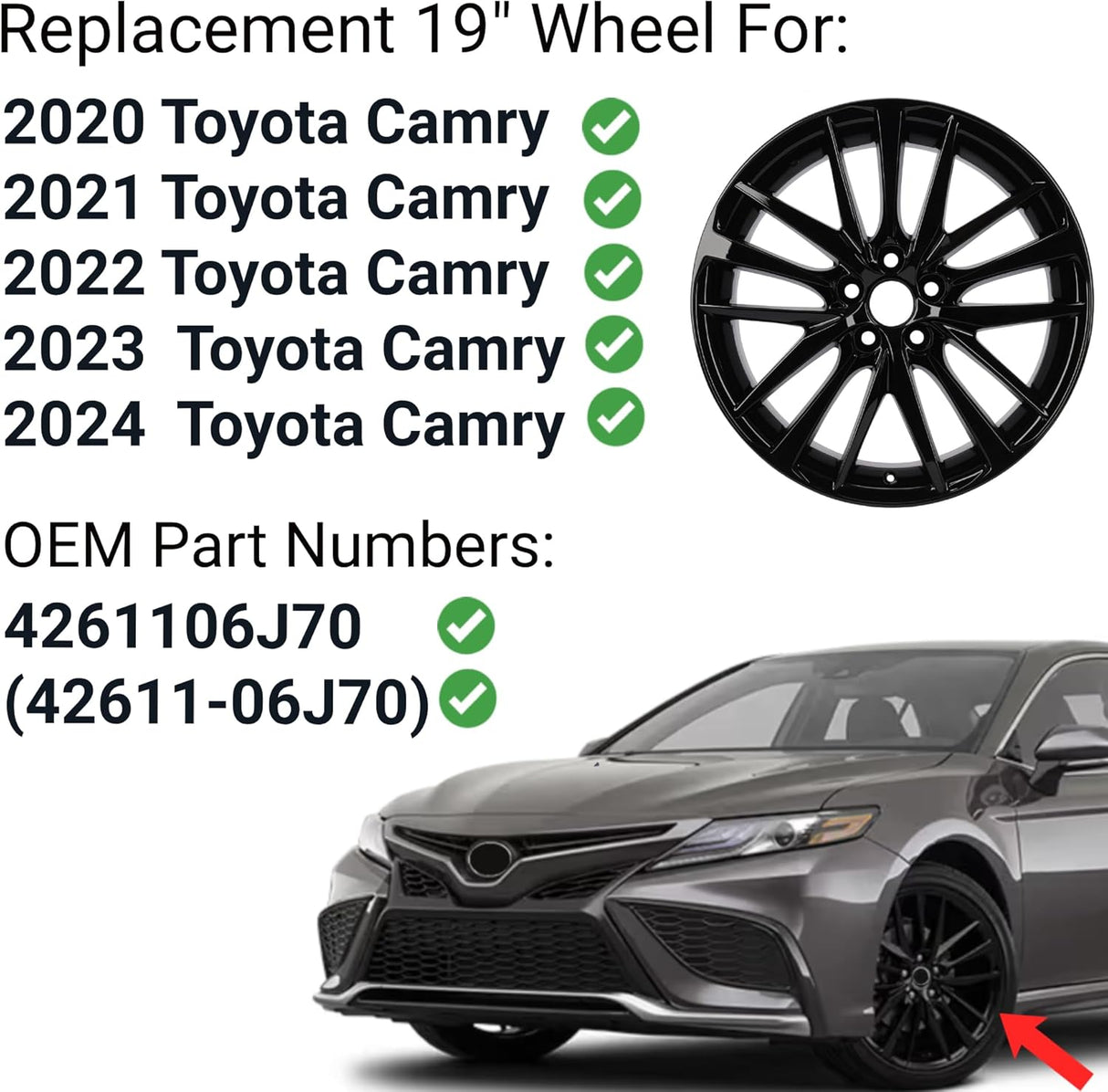 New Replacement 19 Inch Wheel For Toyota Camry XSE XLE LE SE LE Hybrid OEM Style Aluminum Alloy Rim for 2020 2021 2022 2023 2024 | 19x8" | Gloss Black Factory Replacement Rim 4261106J70 (42611-06J70)