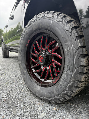 20X9 Fuel 1PC D808 HURRICANE RIMS - GLOSS BLACK MILLED RED TINT 8X165.1