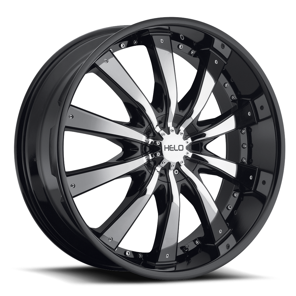 20X8.5 Helo HE875 GLOSS  BLACK W/ CHROME ACCENTS 5X115