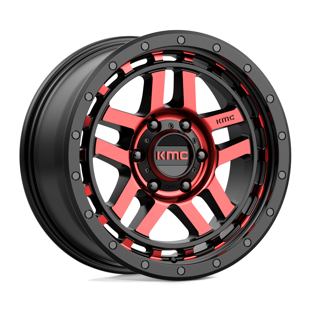 18X8.5 KMC KM540 RECON GLOSS BLACK MACH W/ RED TINT 6X139.7