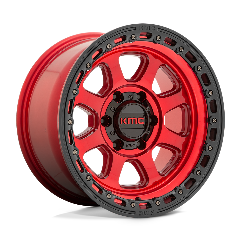 18X9 KMC KM548 CHASE CANDY RED W/ BLACK LIP 8X180