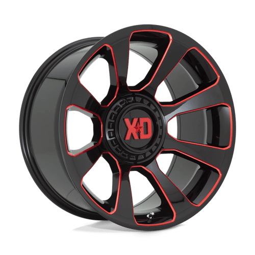 20X10 XD XD854 REACTOR GLOSS BLACK MILLED W/ RED TINT 5X139.7/5X150